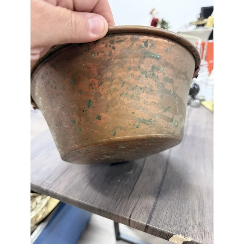 Antique Hammered Copper Pot With Handles  Decor Use Only